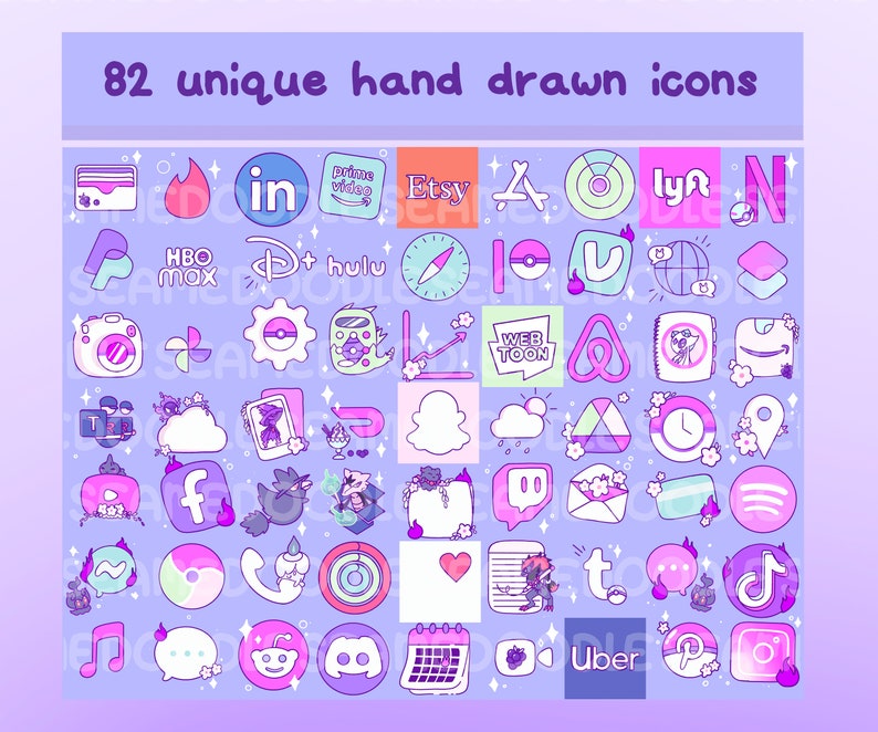 Pode incluir: Uma cole&ccedil;&atilde;o de 82 &iacute;cones &uacute;nicos desenhados &agrave; m&atilde;o que representam logotipos de aplicativos populares de m&iacute;dia social, streaming e outros. Os &iacute;cones s&atilde;o de v&aacute;rias cores e estilos, alguns com flores e outros elementos decorativos.