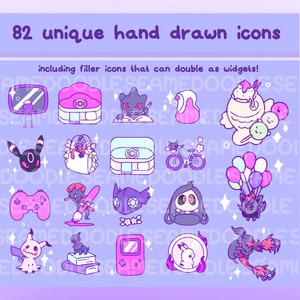Pode incluir: Um conjunto de 82 &iacute;cones &uacute;nicos desenhados &agrave; m&atilde;o em um esquema de cores roxo e rosa. Os &iacute;cones incluem uma variedade de temas, como jogos, livros e comida. O texto "82 &iacute;cones &uacute;nicos desenhados &agrave; m&atilde;o" e "incluindo &iacute;cones de preenchimento que podem servir como widgets!" &eacute; exibido no topo da imagem.