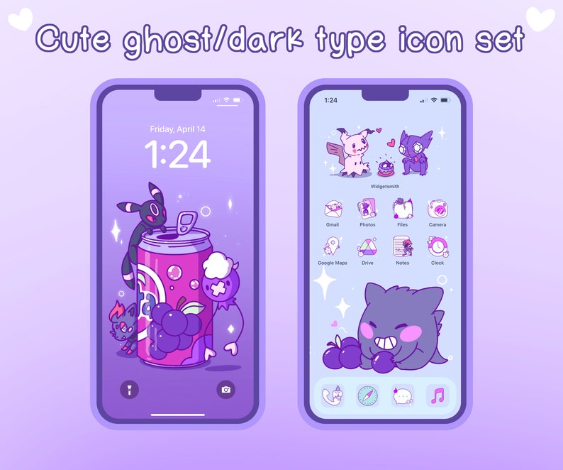Pode incluir: Duas telas de telefone com fundo roxo. A tela da esquerda mostra uma lata de refrigerante roxa com personagens de Pokemon do tipo fantasma e escuro. A tela da direita mostra um personagem de Pokemon do tipo fantasma roxo segurando um cacho de bagas roxas.