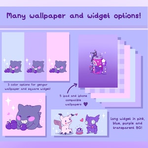 Pode incluir: Uma ilustra&ccedil;&atilde;o digital de um personagem Pok&eacute;mon Gengar roxo e rosa com um sorriso travesso. A imagem mostra v&aacute;rias varia&ccedil;&otilde;es do personagem em diferentes poses e esquemas de cores. O texto "Many wallpaper and widget options!" est&aacute; no topo da imagem. O texto "3 color options for gengar wallpaper and square widget!" est&aacute; abaixo da primeira linha de imagens. O texto "5 ipad and iphone compatible wallpapers" est&aacute; abaixo da segunda linha de imagens. O texto "Long widget in pink, blue, purple and transparent BG!" est&aacute; abaixo da terceira linha de imagens.