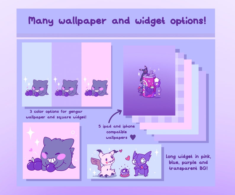 Pode incluir: Uma ilustra&ccedil;&atilde;o digital de um personagem Pok&eacute;mon Gengar roxo e rosa com um sorriso travesso. A imagem mostra v&aacute;rias varia&ccedil;&otilde;es do personagem em diferentes poses e esquemas de cores. O texto "Many wallpaper and widget options!" est&aacute; no topo da imagem. O texto "3 color options for gengar wallpaper and square widget!" est&aacute; abaixo da primeira linha de imagens. O texto "5 ipad and iphone compatible wallpapers" est&aacute; abaixo da segunda linha de imagens. O texto "Long widget in pink, blue, purple and transparent BG!" est&aacute; abaixo da terceira linha de imagens.