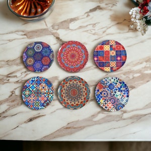 Coasters | Set of 6 Drink Coaster Set / Mediterranean Turkish Moroccan Coasters / Mandala Design / Housewarming Gift