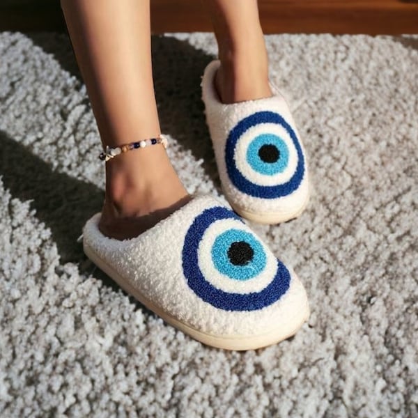 Evil Eyes Plush Slippers-  Indoor Non-slip Shoes - Devil Eye Slippers, Warm & Soft Closed Toe Slip-On Slides Shoes,