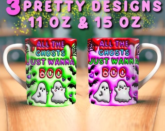 3D-uppblåst Halloween-muggdesign, 11oz och 15oz muggmall, Halloween PNG, sublimeringsdesign för mugg, muggomslagsmall, direktnedladdning