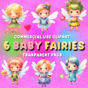 Puede incluir: Seis hadas bebés con alas, cada una con un vestido y cabello de color diferente. Las hadas están sobre un fondo rosa con el texto "6 Baby Fairies" y "Transparent PNGs".