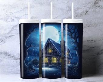 Halloween PNG, Halloween 20oz Skinny Tumbler Sublimation Design, Haunted House Tumbler Wrap Design Sublimation Template Digital Download PNG