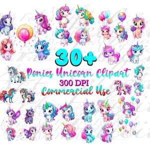 30+ Small Ponies Clipart, Cute Unicorns PNG, Unicorn Clipart, Kids Designs, Pony Clipart, Pony Nursery Decor, Instant Digital Download PNG