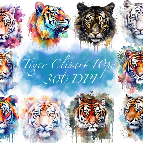 10pc Watercolor Tiger Clipart, Tigers Wall Art, Transparent PNG +JPG, Wild Animal Digital, Transparent Clipart, Instant Digital Download PNG