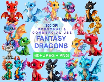 Watercolor Fantasy Dragon Clipart, Kawaii Baby Dragons (Digital Download)