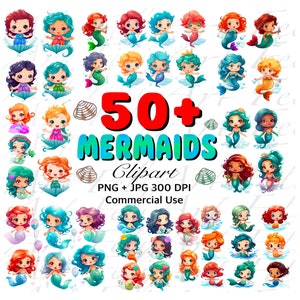 50+ Mermaids Clipart, Cute Little Mermaid PNG, Baby Mermaid Wall Art, Stickers, Clipart Mermaid Scrap book, Instant Digital Download PNG