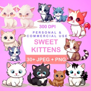 30+ Kitten Clipart, Cute Cats PNG, Cat Clipart, Kittens PNG, Adorable Cats png, Nursery Decor, Kitten Stickers, Instant Digital Download PNG