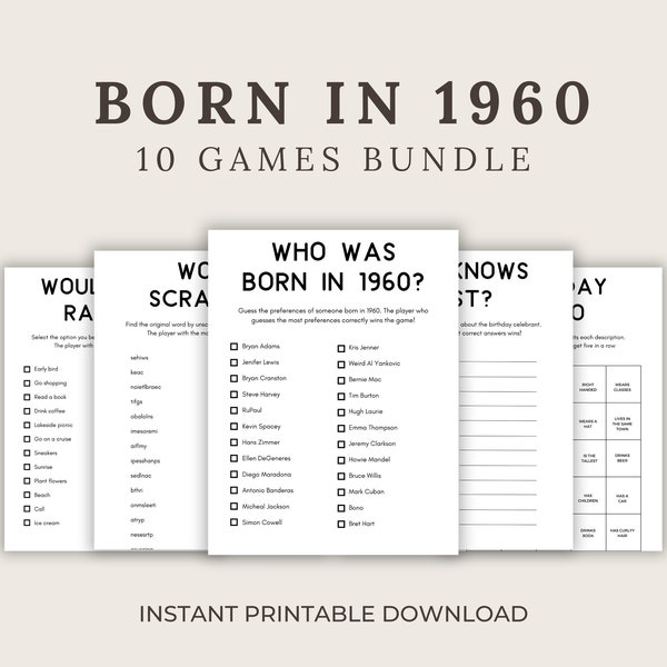 1960 Birthday Party Games Bundle | Born in 1960 Games | 1960 Birthday Games | Fun Printable Games | Party Games | Adult Games | Family Game