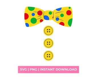 Clown vlinderdas en knopen SVG PNG, circuskostuum shirt ontwerp digitaal snijbestand