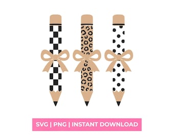 Teacher Pencil SVG Leopard Checkered Pattern Shirt Design Coquette Bow PNG Graphic