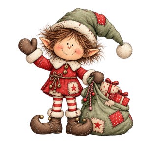 Bundel met 10 kerstclipartafbeeldingen van lappenpoppen en elfjes in PNG-formaat, vintage patchwork-kerstillustraties, digitale download.