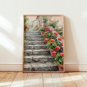Mediterranean Stone Stairs Wall Art, Red Geranium Floral Painting, Textured Italian Garden Print