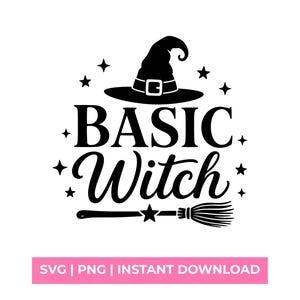 Può includere: Un design grafico nero che presenta un cappello da strega in alto, il testo BASIC Witch al centro e una scopa in basso. Il design è circondato da piccole stelle a quattro punte, il tutto presentato in uno stile bianco e nero contrastato.