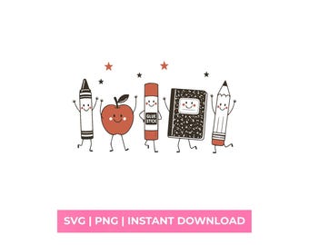 School Supplies Characters SVG Retro Teacher Shirt Design Back to School PNG Graphic