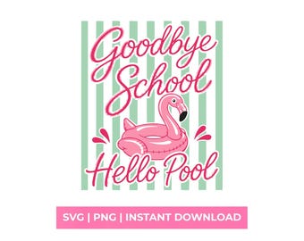 Vaarwel school hallo zwembad SVG png, retro flamingo laatste dag zomer shirtontwerp