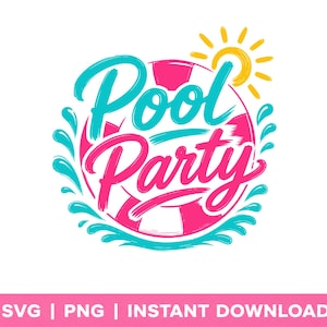 Puede incluir: Un diseño gráfico con el texto Pool Party en letra cursiva de color turquesa y rosa. El texto se superpone a un salvavidas rosa y blanco, rodeado de salpicaduras de agua turquesa y un icono de sol amarillo en la esquina superior derecha.