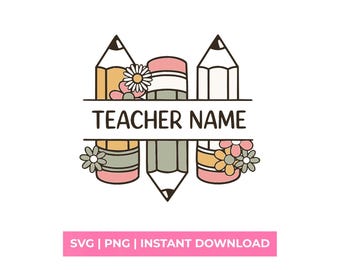 Custom Teacher Name Split Pencil SVG PNG Retro School Split Frame Shirt Design