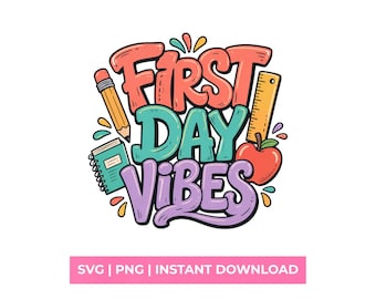 First Day Vibes PNG Retro Teacher Shirt Design Back to School sublimatieafbeelding