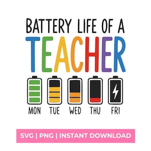 May include: A graphic design featuring the text BATTERY LIFE OF A TEACHER in multicolored letters above five battery icons representing Monday through Friday. The batteries show decreasing charge levels from green to red, with a lightning bolt on Friday.