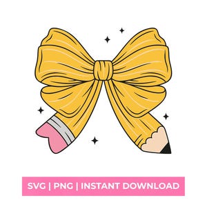 May include: A yellow pencil shaped into a decorative bow with black outlines. The left end features a pink eraser with a silver metal band, while the right end shows a sharpened wooden pencil tip with a black lead point. Four small black stars surround the bow.