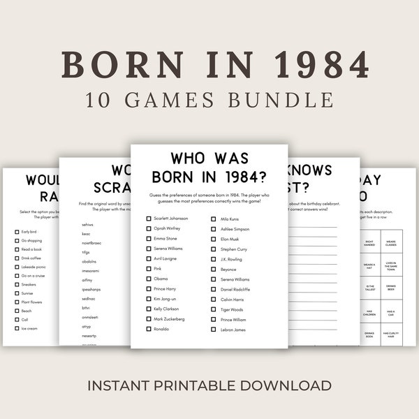 Bundel met feestspellen voor 40e verjaardag | Geboren in 1984 Spelen | 40e verjaardagsspellen | Leuke afdrukbare spellen | Feestspellen | Spellen voor volwassenen | Familie spel