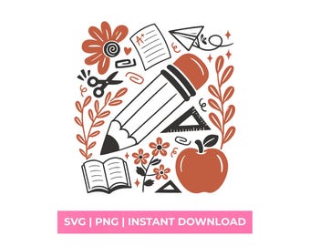Retro Teacher School Icons SVG Boho Pencil Apple Shirt Design PNG digitale download