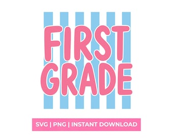 First Grade Retro School SVG Trendy Teacher Shirt Design Blue Stripes PNG