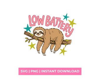 Low Battery Sloth SVG PNG Retro Funny Tired Animal Shirt Design Graphic