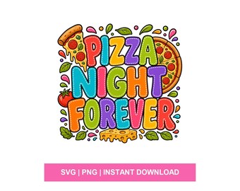 Pizza Night Forever SVG PNG Diseño de camiseta retro para amantes de la comida, gráfico de sublimación, descarga digital