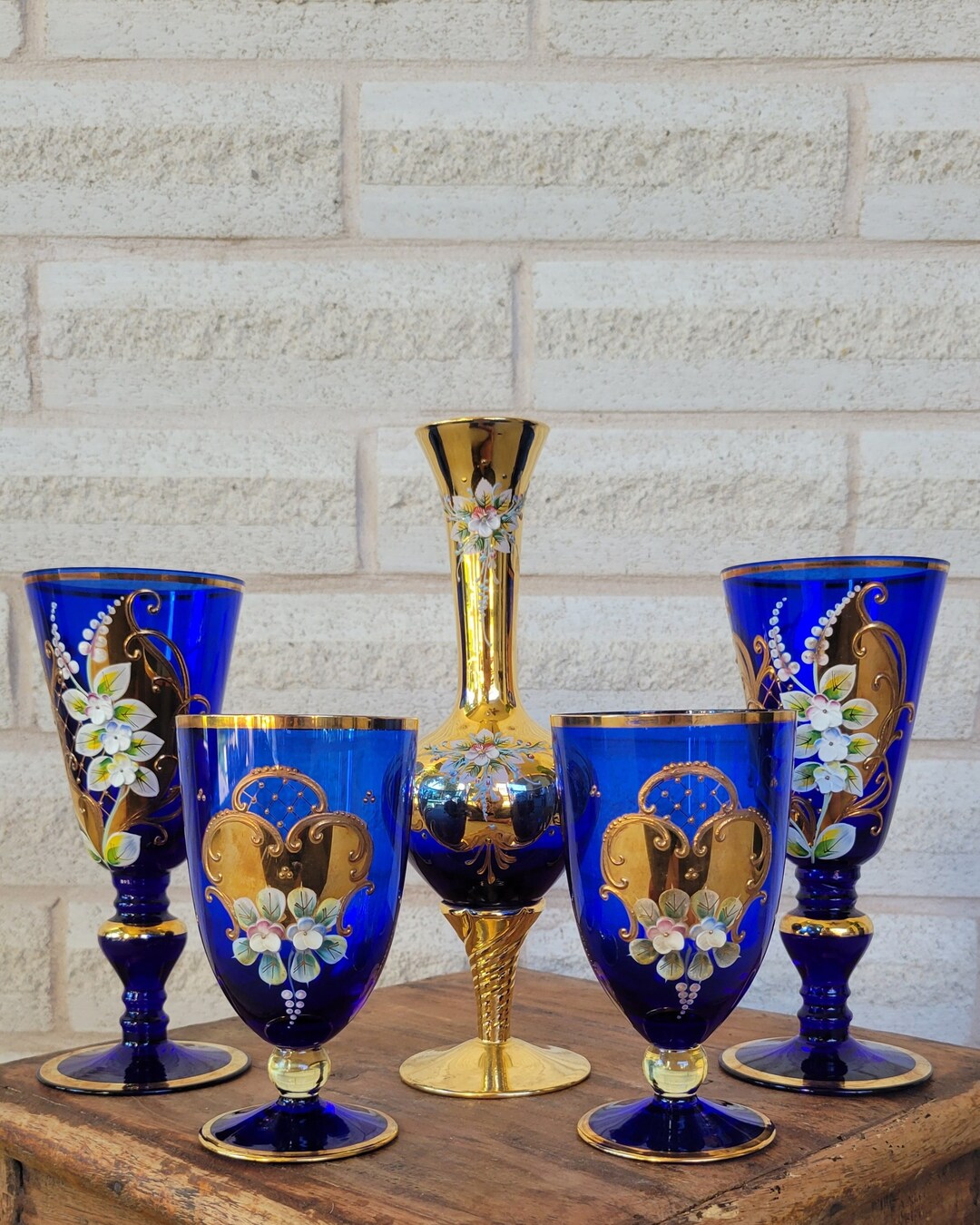 Murano Tre Fuochi Glass Set Cobalt Blue Glass 24K