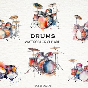 Watercolor Drum Set Clipart | PNG Format for Commercial Use, Instant Download, 18 Transparent Images | Musical Scrapbooking | Concert Images
