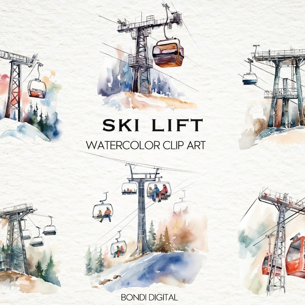 Watercolor Ski Lift Clipart | PNG Format for Commercial Use, Instant Download, 19 Transparent Images | Winter Sports Designs | Ski Gifts