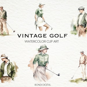 Clipart de golf vintage aquarelle | Clipart de sport | Format PNG à usage commercial, téléchargement immédiat, 18 images transparentes