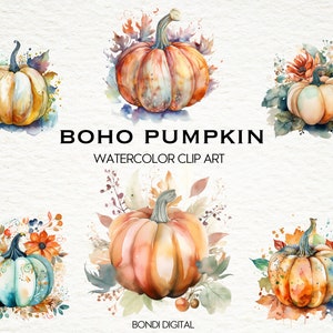 Watercolor Boho Pumpkin Clipart | PNG Format for Commercial Use, Instant Download, 19 Transparent Images | Autumn Images
