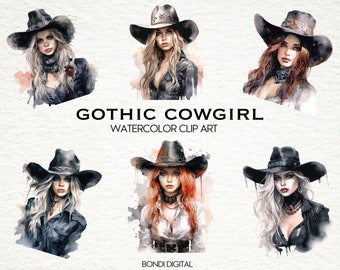 Watercolor Gothic Cowgirl Clipart | PNG Format for Commercial Use, Instant Download, 18 Transparent Images | Goth Clipart | Gothic Art