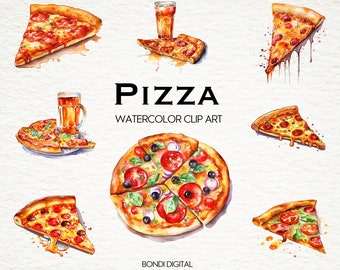 Aquarell Pizza Clipart | New York Pizza Clipart | Chicago Pizza | PNG-Format für kommerzielle Nutzung, Sofortiger Download | 21 Transparente Bilder