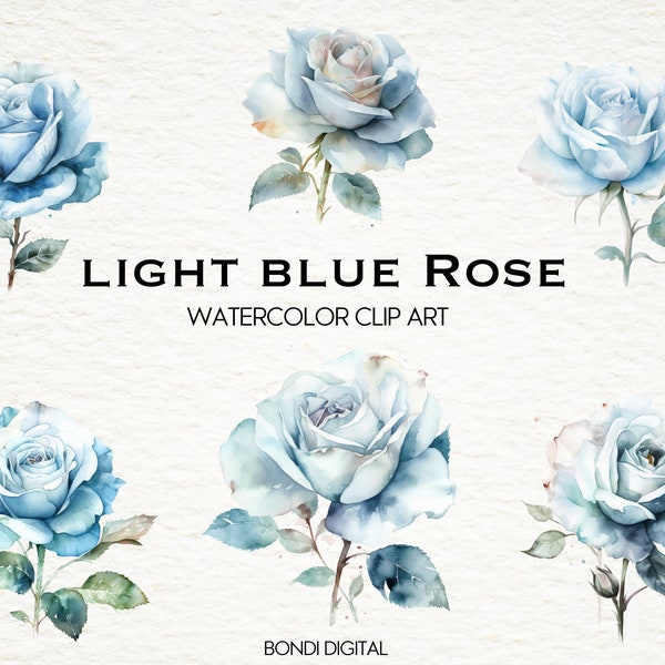 Watercolor Light Blue Rose Clipart | Flower Clipart | PNG Format for Commercial Use, Instant Download | 18 Transparent Images | Circut Files