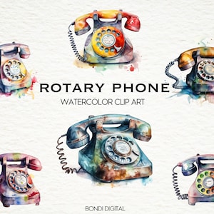 Watercolor Rotary Phone Clipart | PNG Format for Commercial Use, Instant Download, 18 Transparent Images | Retro Art