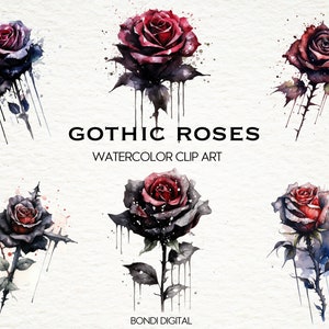 Watercolor Gothic Rose Clipart | PNG Format for Commercial Use, Instant Download, 18 Transparent Images | Black Roses Clipart | Gothic Art