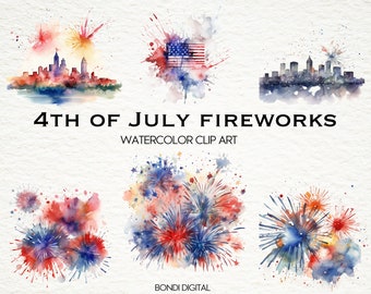 Watercolor 4th of July Fireworks Clipart | Independence Day Clipart | PNG Format for Commercial Use, Instant Download, 20 Transparent Images