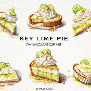 May include: Watercolour clip art of key lime pie. The image shows five different views of the pie, including a whole pie, a slice, and a close-up of the filling. The pie is decorated with whipped cream, lime slices, and graham cracker crumbs.