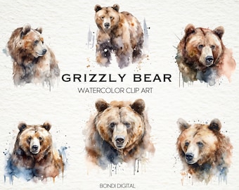 Watercolor Grizzly Bear Clipart | PNG Format for Commercial Use, Instant Download, 18 Transparent Images | Wildlife Art
