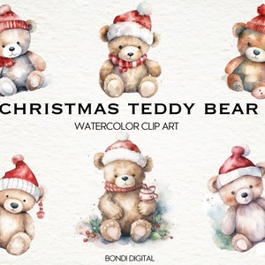 Watercolor Christmas Teddy Bear Clipart | PNG Format for Commercial Use, Instant Download, 18 Transparent Images | Christmas Clipart