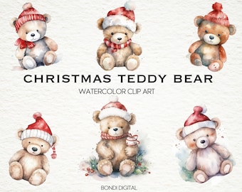 Aquarel kerst teddybeer clipart | PNG-formaat voor commercieel gebruik, direct downloaden, 18 transparante afbeeldingen | Kerst clipart
