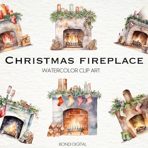 Watercolor Christmas Fireplace Clipart | PNG Format for Commercial Use, Instant Download, 19 Transparent Images | Christmas Illustrations