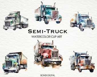 Watercolor Semi-Truck Clipart | PNG Format for Commercial Use, Instant Download, 19 Transparent Images | Transportation Clip Art
